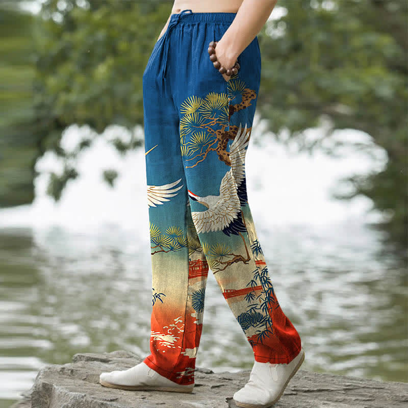 Buddha Stones Pantalon fuselé pour homme avec poches, motif paysage de temple de pin et de grue en coton - image 5
