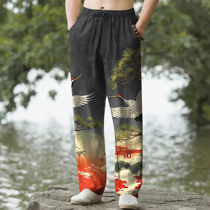 Buddha Stones Pantalon fuselé pour homme avec poches, motif paysage de temple de pin et de grue en coton - Noir - US/UK/AU50，EU60 (5XL) - image 6