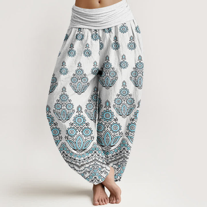 Buddha Stones Pantalon harem pour femme en pur coton à motif floral mandala et taille élastique - Cyan - US16，UK/AU20，EU48 (3XL) - image 0