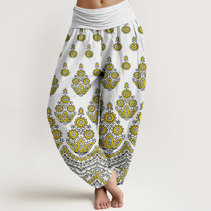 Buddha Stones Pantalon harem pour femme en pur coton à motif floral mandala et taille élastique - Jaune - US16，UK/AU20，EU48 (3XL) - image 3