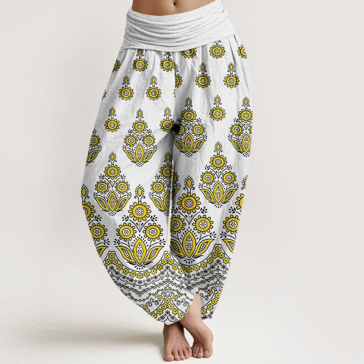 Buddha Stones Pantalon harem pour femme en pur coton à motif floral mandala et taille élastique - Jaune - US16，UK/AU20，EU48 (3XL) - image 3