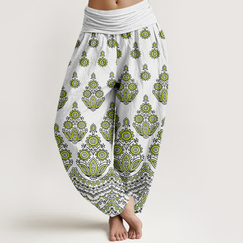 Buddha Stones Pantalon harem pour femme en pur coton à motif floral mandala et taille élastique - Vert clair - US16，UK/AU20，EU48 (3XL) - image 6