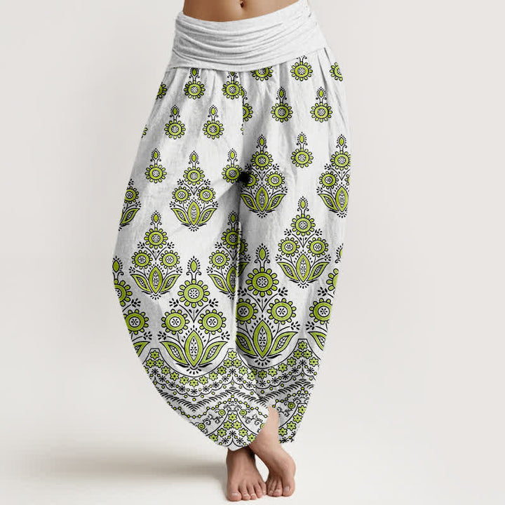 Buddha Stones Pantalon harem pour femme en pur coton à motif floral mandala et taille élastique - Vert clair - US16，UK/AU20，EU48 (3XL) - image 6