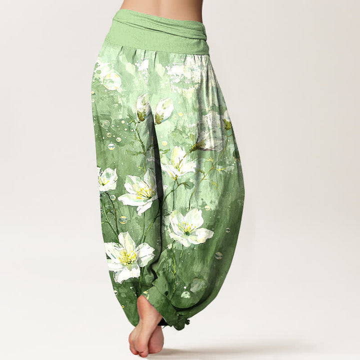 Buddha Stones Pantalon harem pour femme en pur coton, motif lotus blanc aquarelle, taille élastique - image 2
