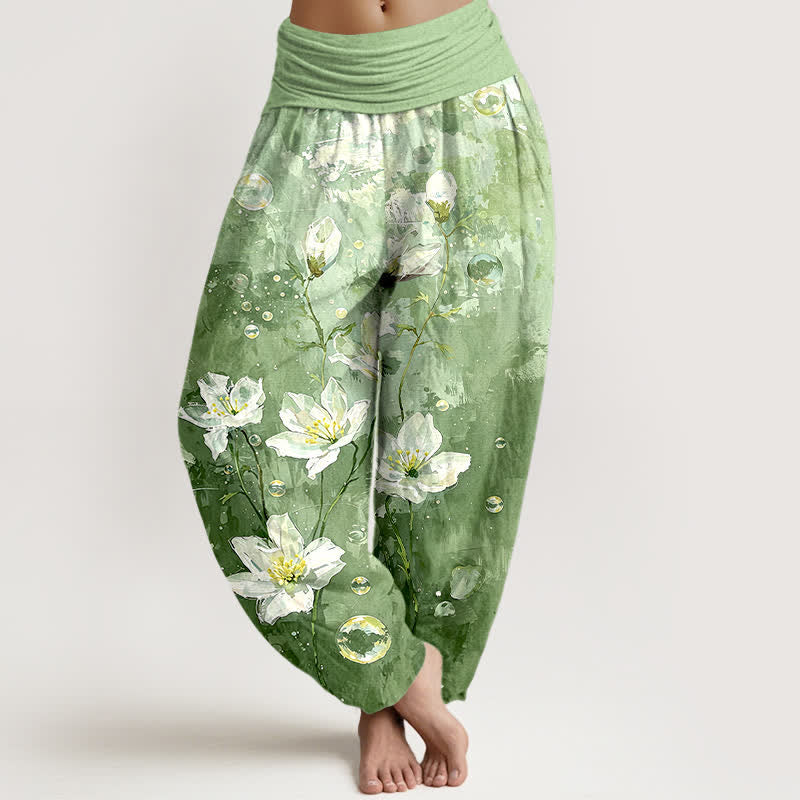 Buddha Stones Pantalon harem pour femme en pur coton, motif lotus blanc aquarelle, taille élastique - Vert clair - US16，UK/AU20，EU48 (3XL) - image 0