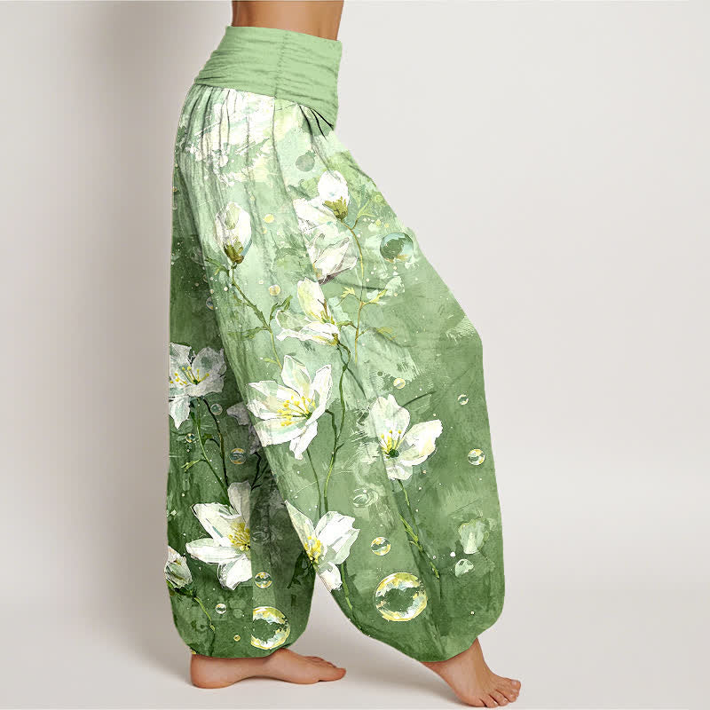 Buddha Stones Pantalon harem pour femme en pur coton, motif lotus blanc aquarelle, taille élastique - image 1