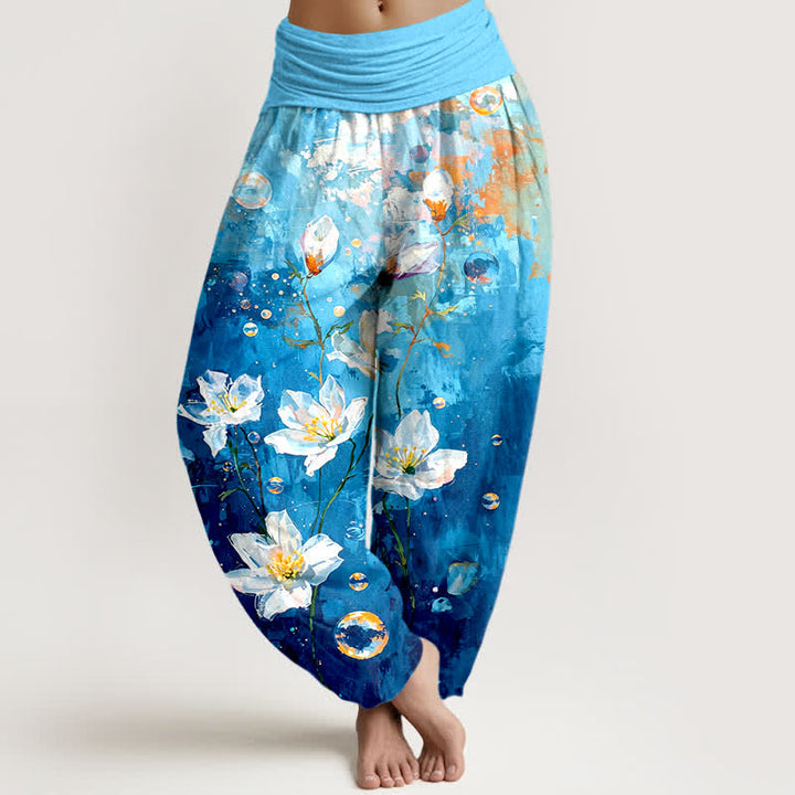 Buddha Stones Pantalon harem pour femme en pur coton, motif lotus blanc aquarelle, taille élastique - Turquoise - US16，UK/AU20，EU48 (3XL) - image 3