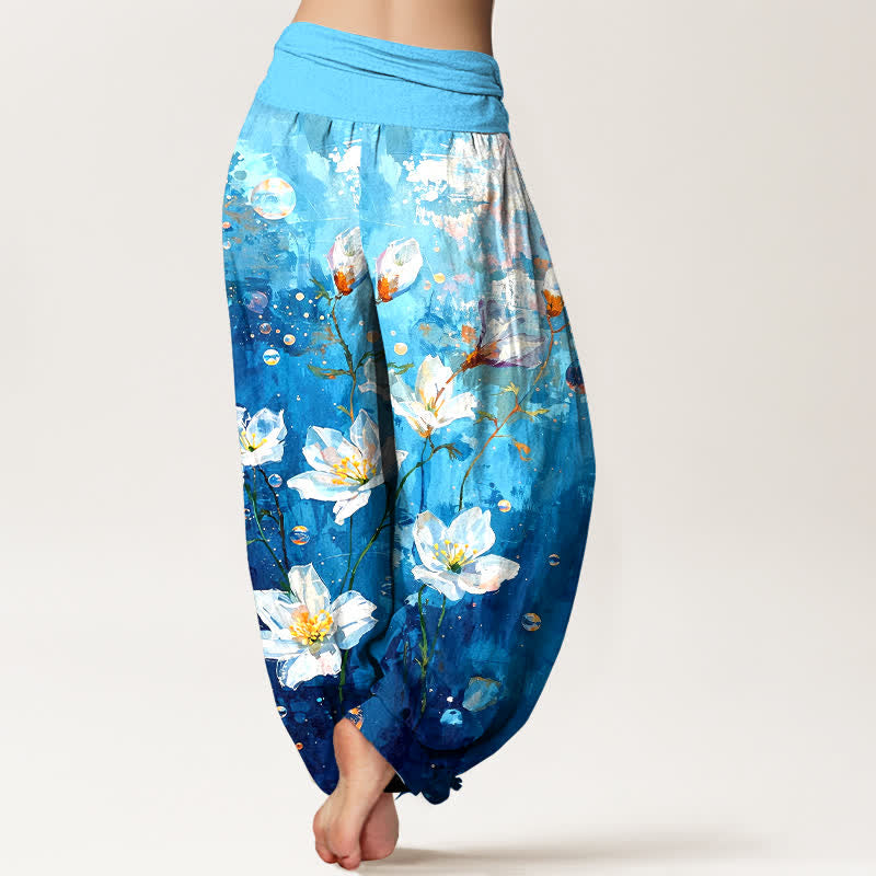 Buddha Stones Pantalon harem pour femme en pur coton, motif lotus blanc aquarelle, taille élastique - image 5