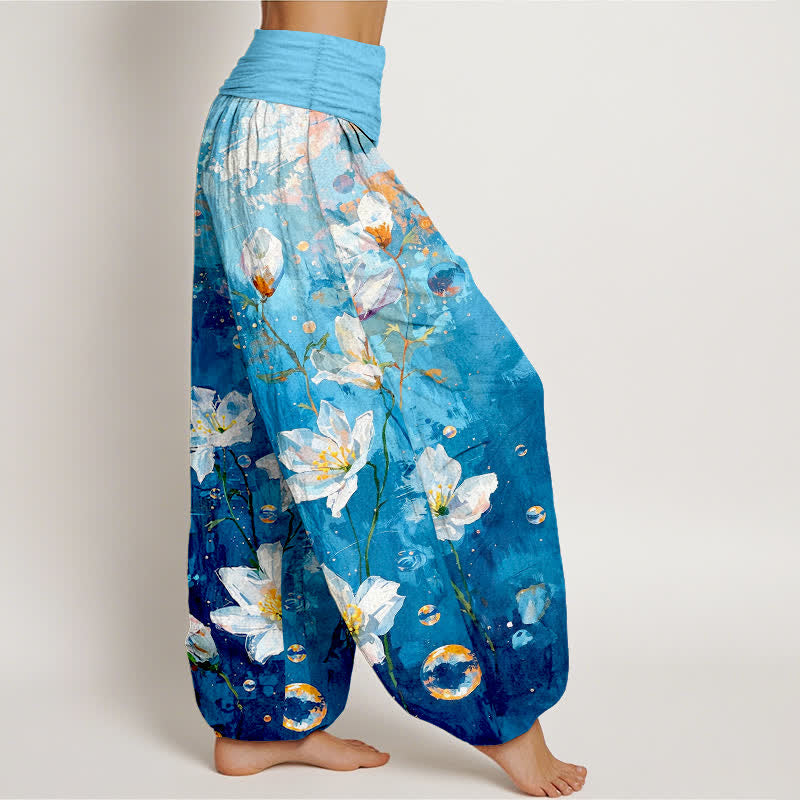 Buddha Stones Pantalon harem pour femme en pur coton, motif lotus blanc aquarelle, taille élastique - image 4