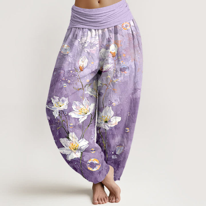 Buddha Stones Pantalon harem pour femme en pur coton, motif lotus blanc aquarelle, taille élastique - Lavande - US16，UK/AU20，EU48 (3XL) - image 6