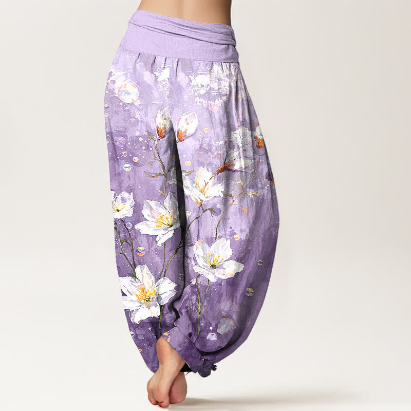 Buddha Stones Pantalon harem pour femme en pur coton, motif lotus blanc aquarelle, taille élastique - image 8