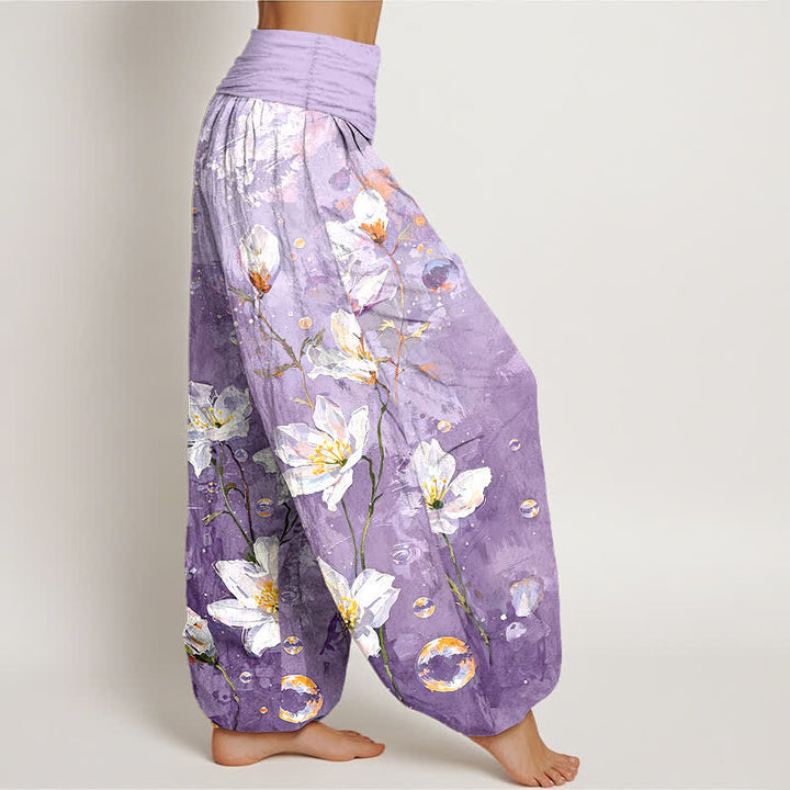 Buddha Stones Pantalon harem pour femme en pur coton, motif lotus blanc aquarelle, taille élastique - image 7