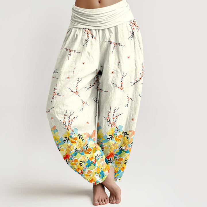 Buddha Stones Pantalon harem en coton à motif floral bohème et branches, taille élastique, pour femme - Jaune - US16，UK/AU20，EU48 (3XL) - image 0
