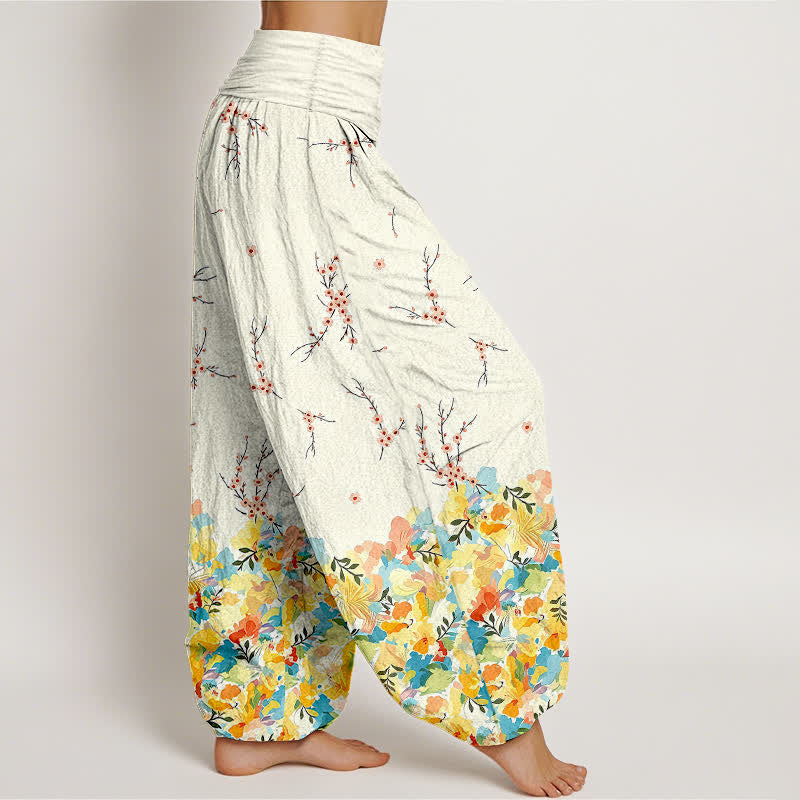 Buddha Stones Pantalon harem en coton à motif floral bohème et branches, taille élastique, pour femme - image 1