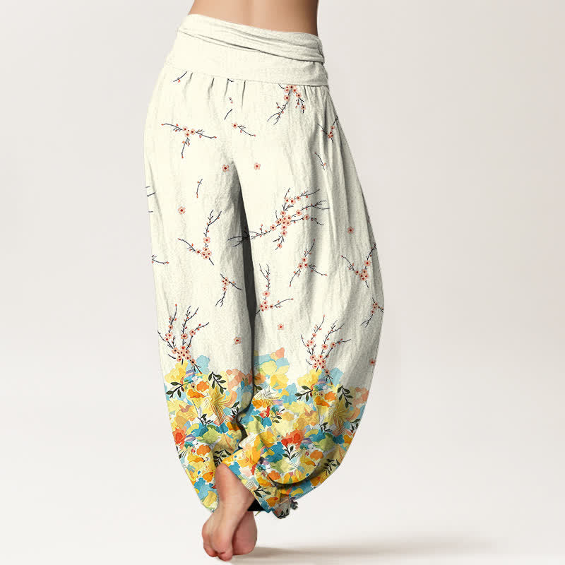 Buddha Stones Pantalon harem en coton à motif floral bohème et branches, taille élastique, pour femme - image 2