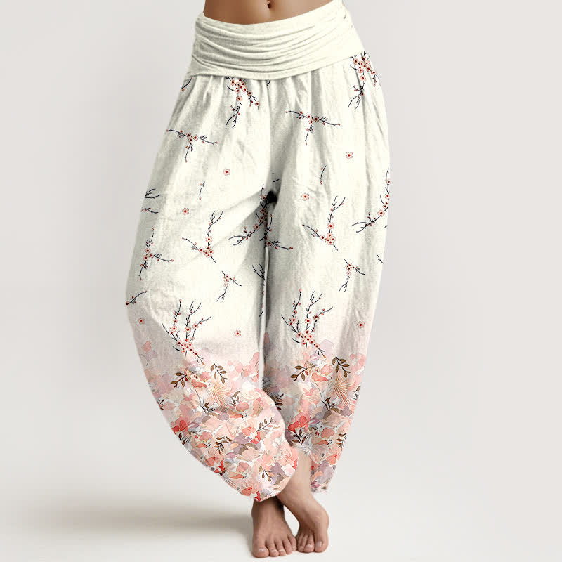 Buddha Stones Pantalon harem en coton à motif floral bohème et branches, taille élastique, pour femme - Rose - US16，UK/AU20，EU48 (3XL) - image 3
