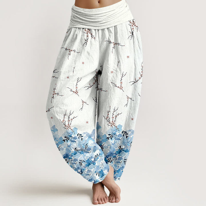 Buddha Stones Pantalon harem en coton à motif floral bohème et branches, taille élastique, pour femme - Bleu ciel clair - US16，UK/AU20，EU48 (3XL) - image 6