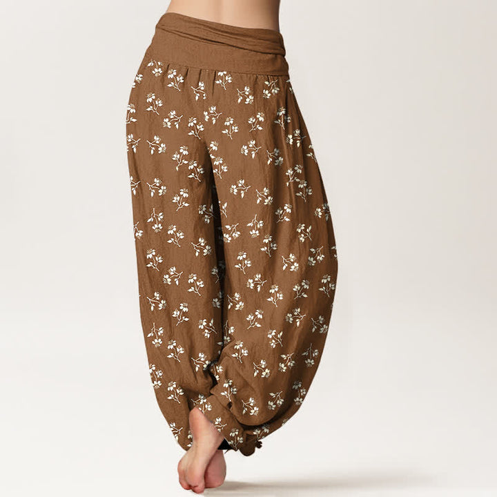 Buddha Stones Pantalon harem à taille élastique pour femme, en coton blanc à petits motifs floraux. - image 2