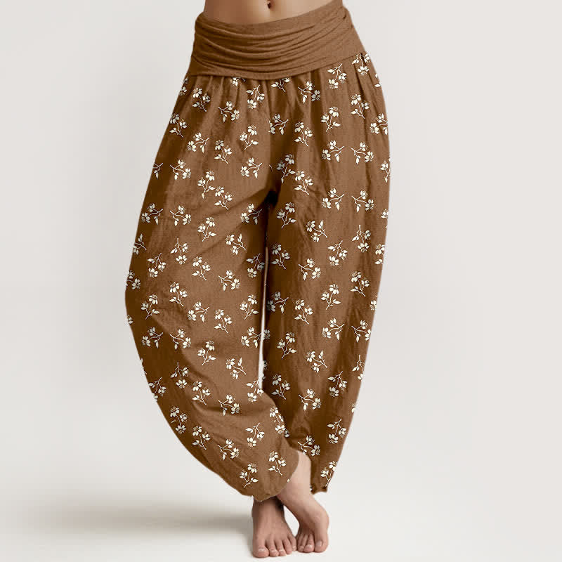 Buddha Stones Pantalon harem à taille élastique pour femme, en coton blanc à petits motifs floraux. - SaddleBrown - US16，UK/AU20，EU48 (3XL) - image 0