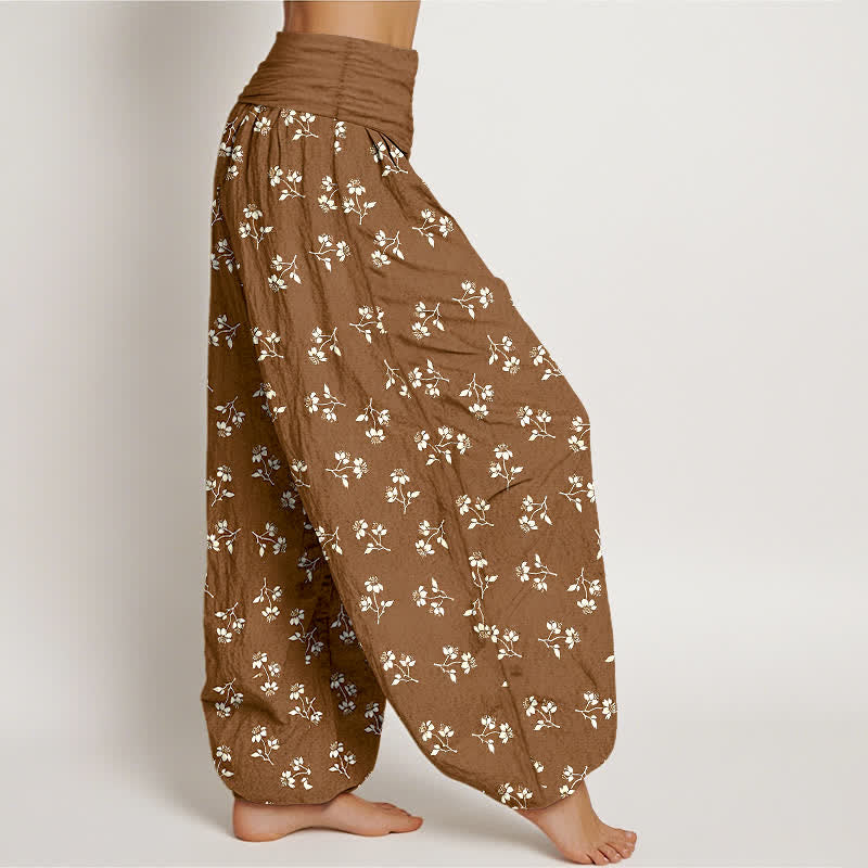 Buddha Stones Pantalon harem à taille élastique pour femme, en coton blanc à petits motifs floraux. - image 1