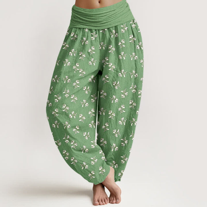 Buddha Stones Pantalon harem à taille élastique pour femme, en coton blanc à petits motifs floraux. - Vert clair - US16，UK/AU20，EU48 (3XL) - image 3