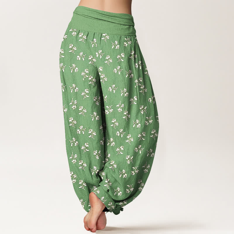 Buddha Stones Pantalon harem à taille élastique pour femme, en coton blanc à petits motifs floraux. - image 5