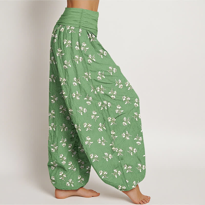 Buddha Stones Pantalon harem à taille élastique pour femme, en coton blanc à petits motifs floraux. - image 4