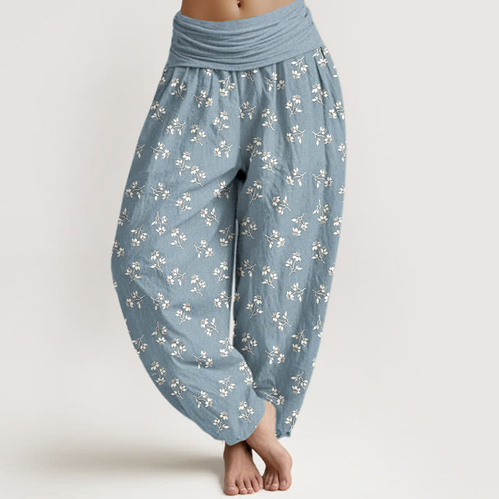 Buddha Stones Pantalon harem à taille élastique pour femme, en coton blanc à petits motifs floraux. - Bleu clair - US16，UK/AU20，EU48 (3XL) - image 6