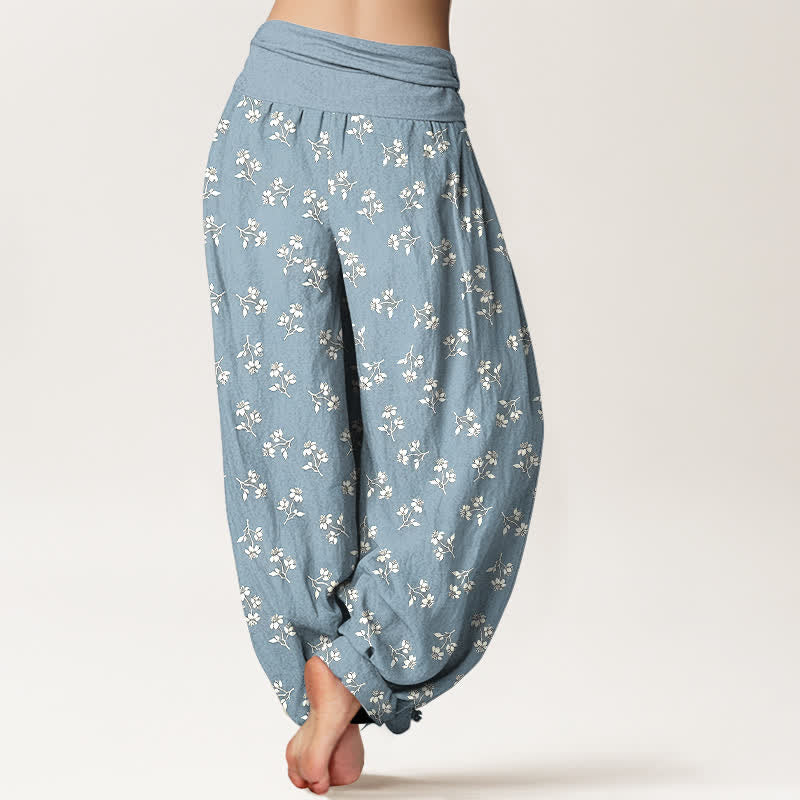 Buddha Stones Pantalon harem à taille élastique pour femme, en coton blanc à petits motifs floraux. - image 8