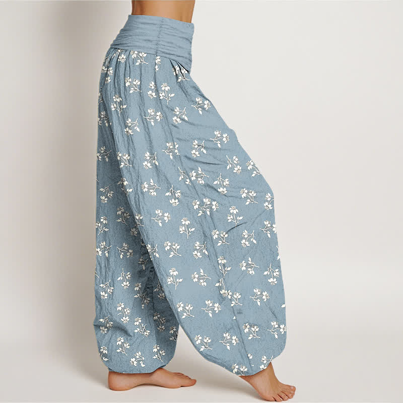 Buddha Stones Pantalon harem à taille élastique pour femme, en coton blanc à petits motifs floraux. - image 7