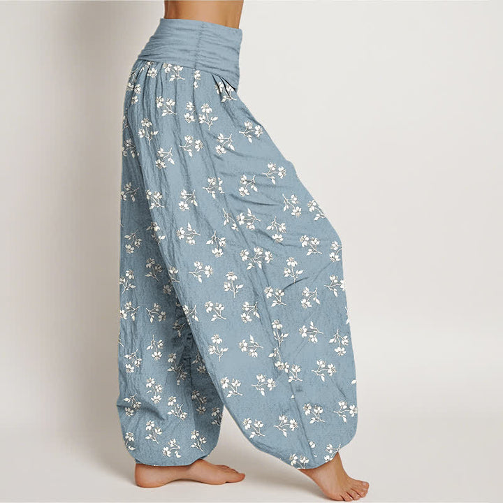 Buddha Stones Pantalon harem à taille élastique pour femme, en coton blanc à petits motifs floraux. - image 7