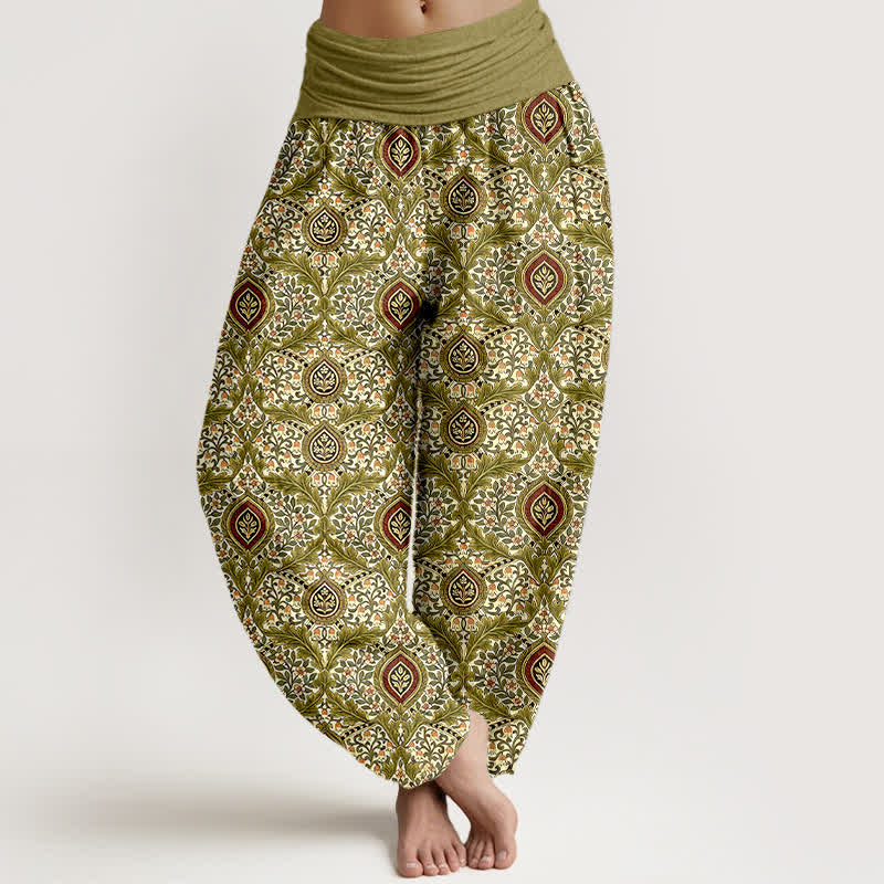 Buddha Stones Pantalon harem pour femme en pur coton à motif cachemire et losanges, taille élastique - Olive - US16，UK/AU20，EU48 (3XL) - image 0