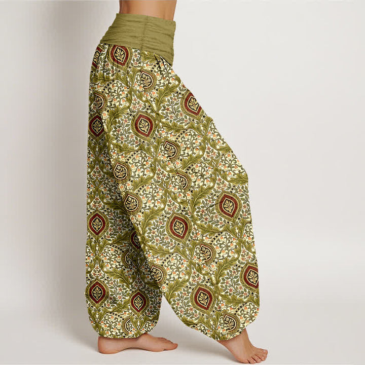 Buddha Stones Pantalon harem pour femme en pur coton à motif cachemire et losanges, taille élastique - image 1