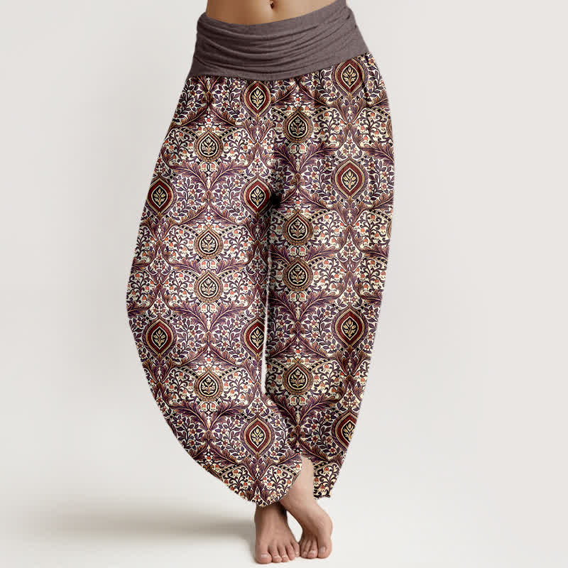 Buddha Stones Pantalon harem pour femme en pur coton à motif cachemire et losanges, taille élastique - Brun - US16，UK/AU20，EU48 (3XL) - image 3