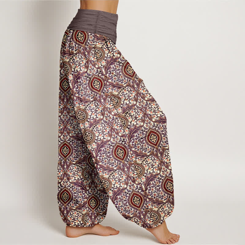 Buddha Stones Pantalon harem pour femme en pur coton à motif cachemire et losanges, taille élastique - image 4