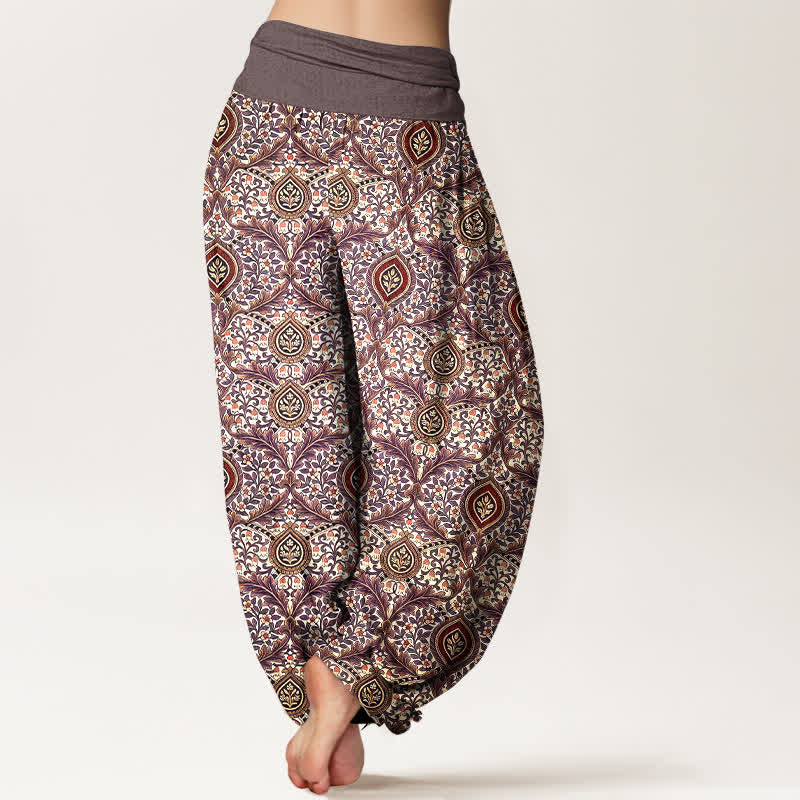Buddha Stones Pantalon harem pour femme en pur coton à motif cachemire et losanges, taille élastique - image 5