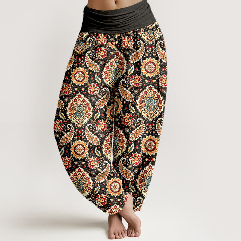 Buddha Stones Pantalon harem bohème en coton à motif mandala et cachemire, taille élastique, pour femme - Noir - US16，UK/AU20，EU48 (3XL) - image 0