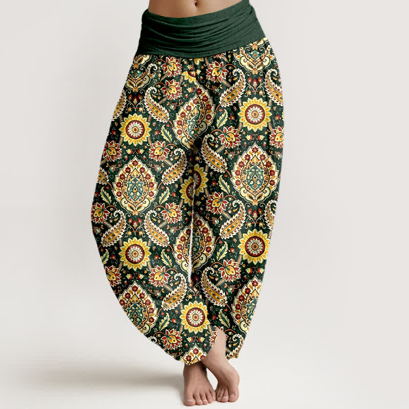 Buddha Stones Pantalon harem bohème en coton à motif mandala et cachemire, taille élastique, pour femme - Vert foncé - US16，UK/AU20，EU48 (3XL) - image 3