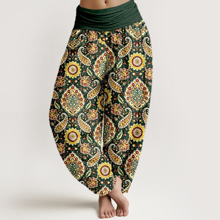 Buddha Stones Pantalon harem bohème en coton à motif mandala et cachemire, taille élastique, pour femme - Vert foncé - US16，UK/AU20，EU48 (3XL) - image 3