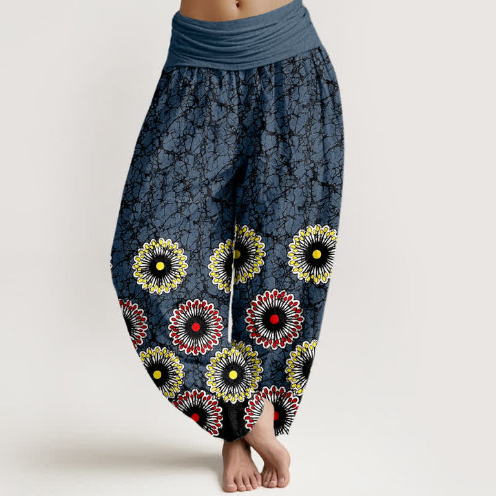 Buddha Stones Pantalon harem pour femme en pur coton à motif floral soleil et taille élastique - Bleu foncé - US16，UK/AU20，EU48 (3XL) - image 0