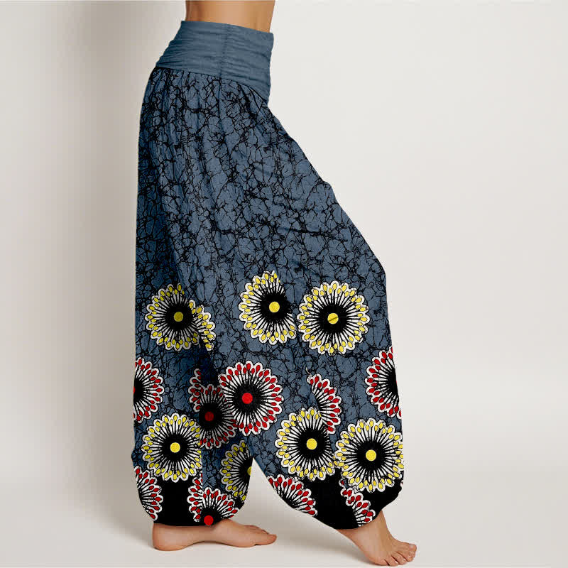 Buddha Stones Pantalon harem pour femme en pur coton à motif floral soleil et taille élastique - image 1