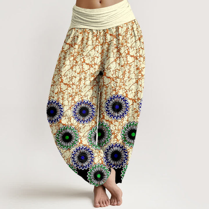 Buddha Stones Pantalon harem pour femme en pur coton à motif floral soleil et taille élastique - verge d'or - US16，UK/AU20，EU48 (3XL) - image 3