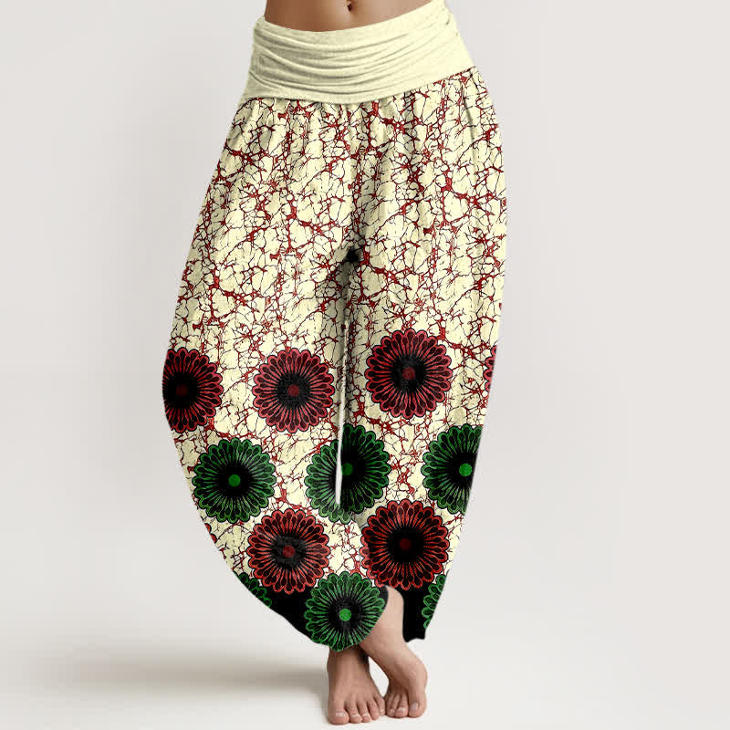 Buddha Stones Pantalon harem pour femme en pur coton à motif floral soleil et taille élastique - Rouge foncé - US16，UK/AU20，EU48 (3XL) - image 6