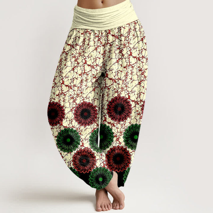 Buddha Stones Pantalon harem pour femme en pur coton à motif floral soleil et taille élastique - Rouge foncé - US16，UK/AU20，EU48 (3XL) - image 6