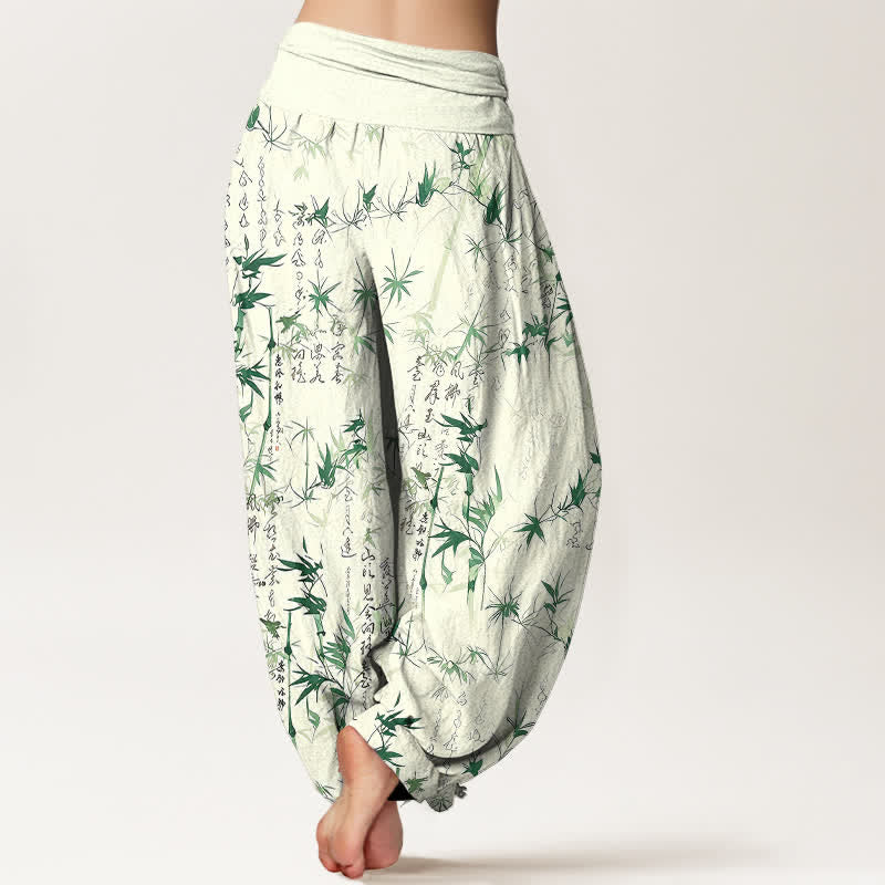 Buddha Stones Pantalon harem pour femme en pur coton avec motif calligraphique de feuilles de bambou et taille élastique - image 2
