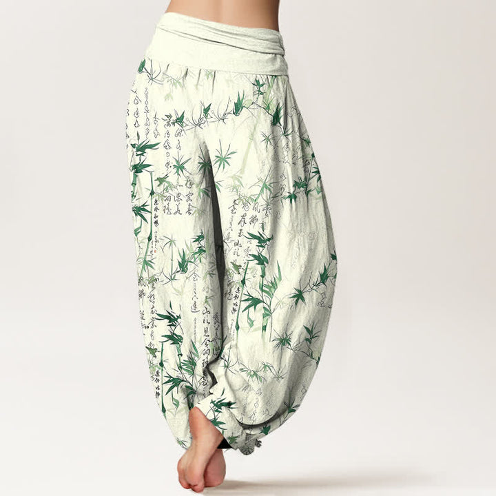 Buddha Stones Pantalon harem pour femme en pur coton avec motif calligraphique de feuilles de bambou et taille élastique - image 2