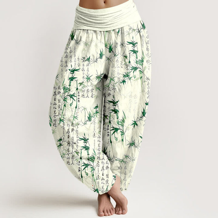 Buddha Stones Pantalon harem pour femme en pur coton avec motif calligraphique de feuilles de bambou et taille élastique - Vert - US16，UK/AU20，EU48 (3XL) - image 0