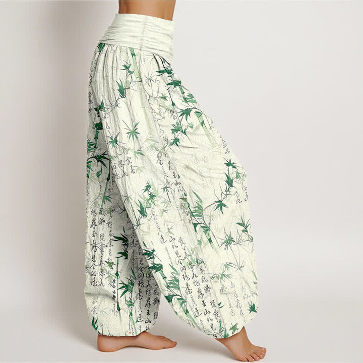 Buddha Stones Pantalon harem pour femme en pur coton avec motif calligraphique de feuilles de bambou et taille élastique - image 1