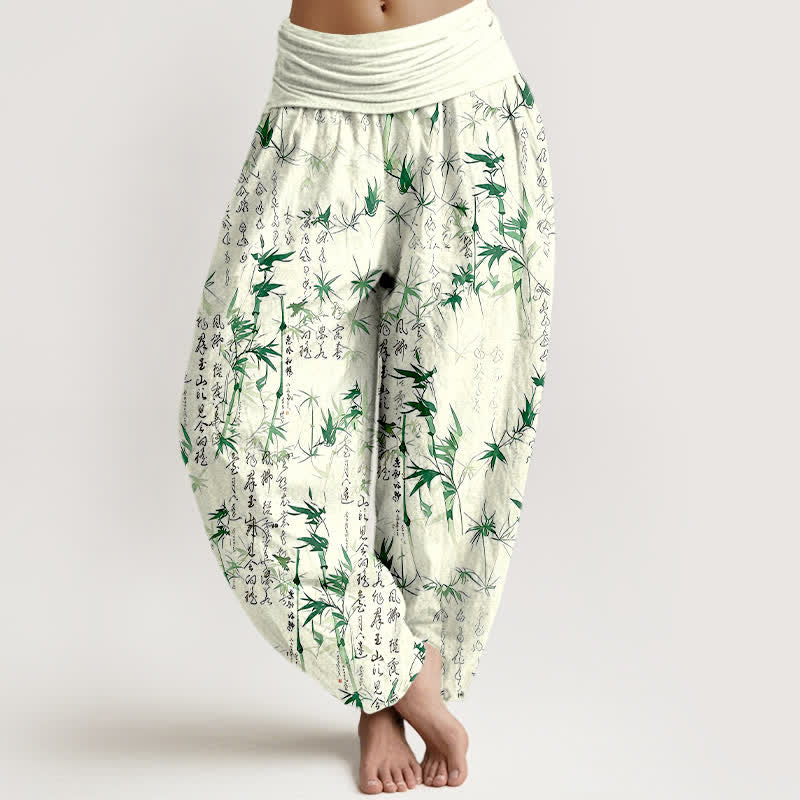 Buddha Stones Pantalon harem pour femme en pur coton avec motif calligraphique de feuilles de bambou et taille élastique - Vert - US16，UK/AU20，EU48 (3XL) - image 0