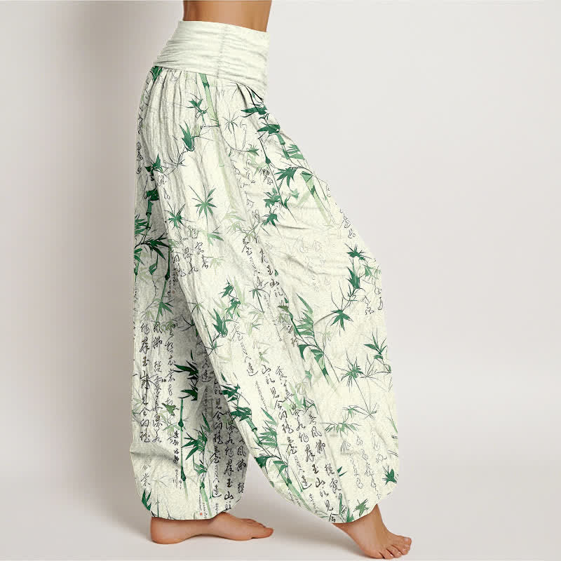 Buddha Stones Pantalon harem pour femme en pur coton avec motif calligraphique de feuilles de bambou et taille élastique - image 1